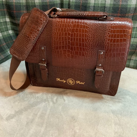 Rocky Patel Other - Rocky Patel Mens Brown Croc Embossed Leather Messenger Bag Briefcase Satchel